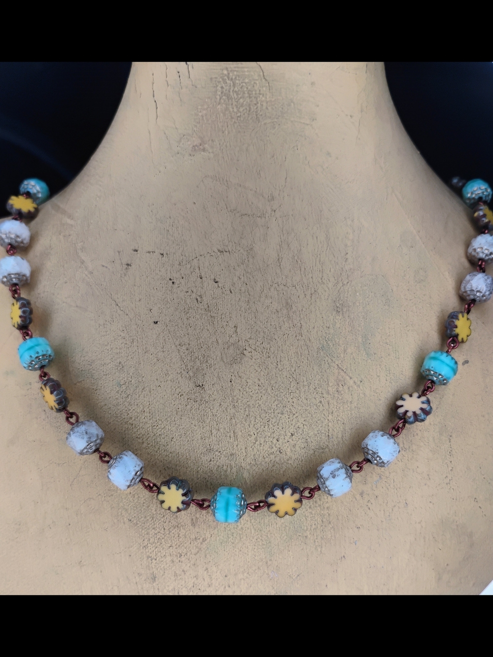 Handmade Czech Glass Beaded Necklace - Boho Floral Motif